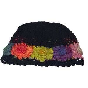 Handcrafted Black Crochet Beanie‎ With Colorful Floral Accents